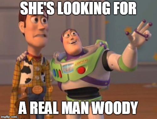 X, X Everywhere Meme | SHE'S LOOKING FOR A REAL MAN WOODY | image tagged in memes,x x everywhere | made w/ Imgflip meme maker