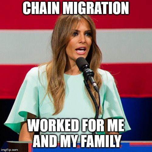 Melania Trump | CHAIN MIGRATION WORKED FOR ME AND MY FAMILY | image tagged in melania trump | made w/ Imgflip meme maker