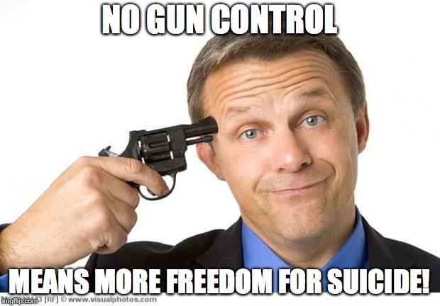 I have no clever title to make here! | NO GUN CONTROL; MEANS MORE FREEDOM FOR SUICIDE! | image tagged in gun to head,memes,gun control,suicide | made w/ Imgflip meme maker