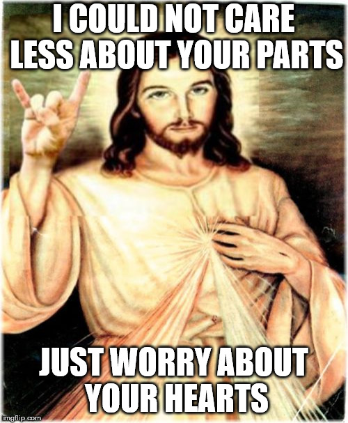 Metal Jesus Meme | I COULD NOT CARE LESS ABOUT YOUR PARTS JUST WORRY ABOUT YOUR HEARTS | image tagged in memes,metal jesus | made w/ Imgflip meme maker