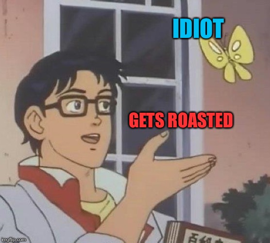 Is This A Pigeon Meme | IDIOT GETS ROASTED | image tagged in memes,is this a pigeon | made w/ Imgflip meme maker