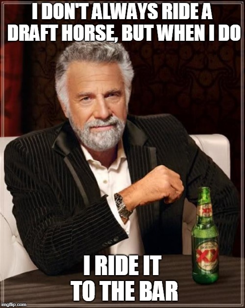 The Most Interesting Man In The World Meme | I DON'T ALWAYS RIDE A DRAFT HORSE, BUT WHEN I DO I RIDE IT TO THE BAR | image tagged in memes,the most interesting man in the world | made w/ Imgflip meme maker