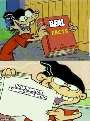 Double d facts book  | REAL; ELIZABETH HURLEY  IS A GODDESS  AMONG MORTALS | image tagged in double d facts book | made w/ Imgflip meme maker