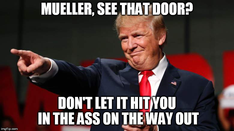 MUELLER, SEE THAT DOOR? DON'T LET IT HIT YOU IN THE ASS ON THE WAY OUT | image tagged in trump | made w/ Imgflip meme maker
