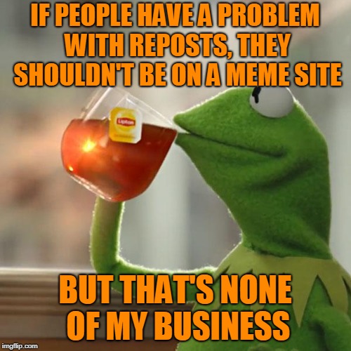 But That's None Of My Business Meme | IF PEOPLE HAVE A PROBLEM WITH REPOSTS, THEY SHOULDN'T BE ON A MEME SITE BUT THAT'S NONE OF MY BUSINESS | image tagged in memes,but thats none of my business,kermit the frog | made w/ Imgflip meme maker