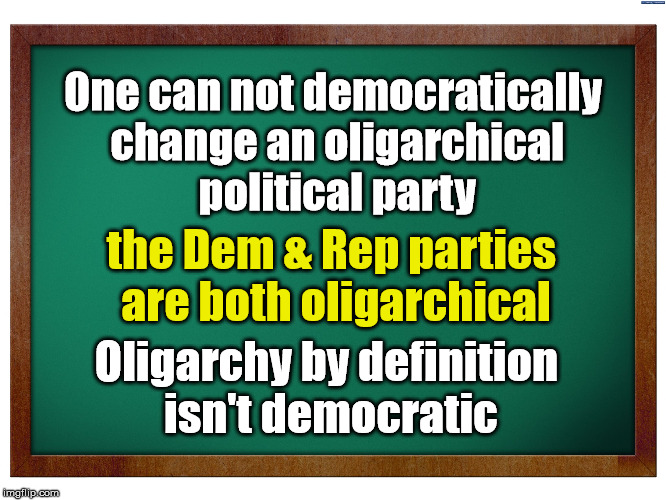 Green Blank Blackboard | One can not democratically change an oligarchical political party; the Dem & Rep parties are both oligarchical; Oligarchy by definition isn't democratic | image tagged in green blank blackboard,oligarchy,democrats,republicans | made w/ Imgflip meme maker