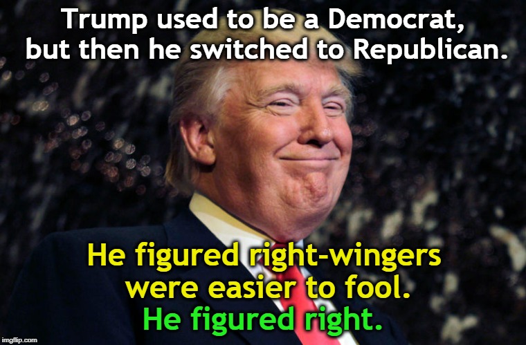 A resourceful con man. |  Trump used to be a Democrat, but then he switched to Republican. He figured right-wingers were easier to fool. He figured right. | image tagged in trump,democrat,republican,right wing,con man | made w/ Imgflip meme maker