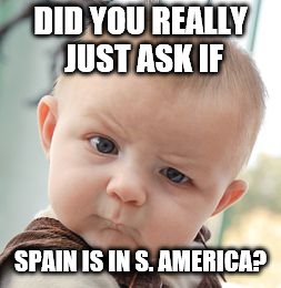 Skeptical Baby | DID YOU REALLY JUST ASK IF; SPAIN IS IN S. AMERICA? | image tagged in memes,skeptical baby | made w/ Imgflip meme maker