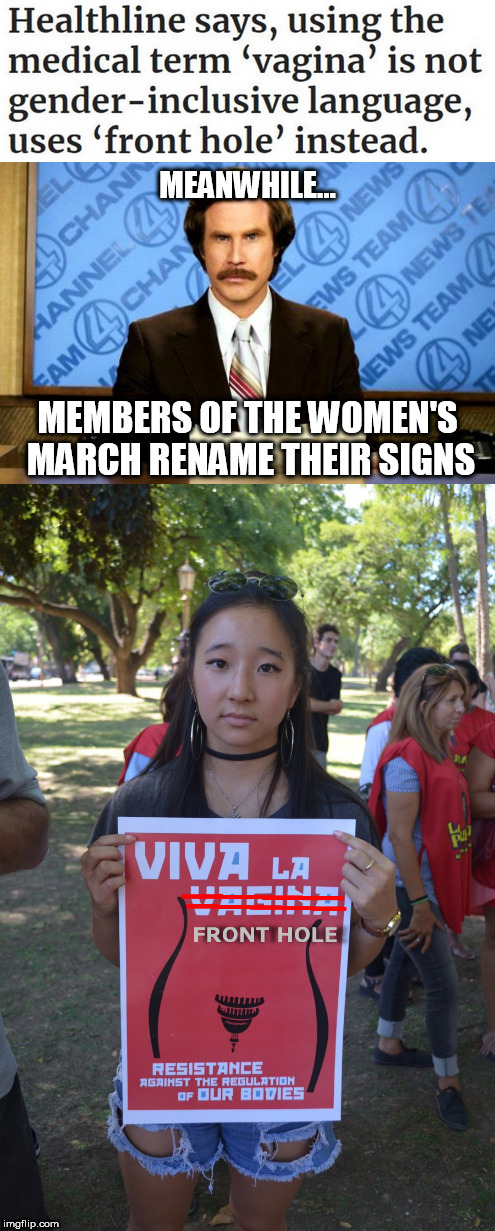 I weep for humanity | MEANWHILE... MEMBERS OF THE WOMEN'S MARCH RENAME THEIR SIGNS | image tagged in insanity | made w/ Imgflip meme maker