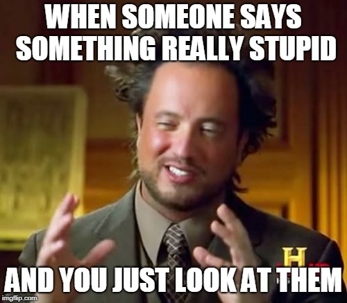Ancient Aliens Meme | WHEN SOMEONE SAYS SOMETHING REALLY STUPID; AND YOU JUST LOOK AT THEM | image tagged in memes,ancient aliens | made w/ Imgflip meme maker