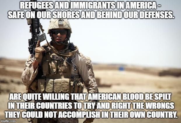 Soldier | REFUGEES AND IMMIGRANTS IN AMERICA - SAFE ON OUR SHORES AND BEHIND OUR DEFENSES. ARE QUITE WILLING THAT AMERICAN BLOOD BE SPILT IN THEIR COUNTRIES TO TRY AND RIGHT THE WRONGS THEY COULD NOT ACCOMPLISH IN THEIR OWN COUNTRY. | image tagged in soldier | made w/ Imgflip meme maker