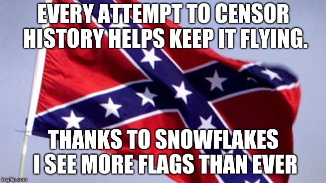 Confederate Flag | EVERY ATTEMPT TO CENSOR HISTORY HELPS KEEP IT FLYING. THANKS TO SNOWFLAKES I SEE MORE FLAGS THAN EVER | image tagged in confederate flag | made w/ Imgflip meme maker