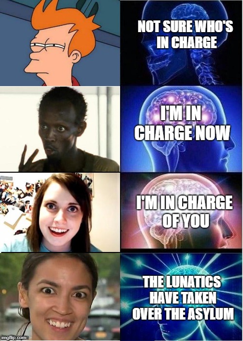 NOT SURE WHO'S IN CHARGE THE LUNATICS HAVE TAKEN OVER THE ASYLUM I'M IN CHARGE OF YOU I'M IN CHARGE NOW | made w/ Imgflip meme maker