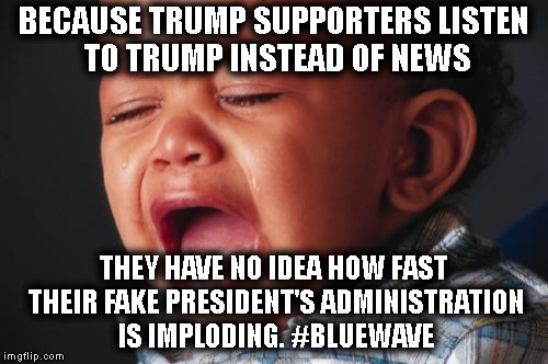 You have no idea how fast you're losing! | BECAUSE TRUMP SUPPORTERS LISTEN TO TRUMP INSTEAD OF NEWS; THEY HAVE NO IDEA HOW FAST THEIR FAKE PRESIDENT'S ADMINISTRATION IS IMPLODING.
#BLUEWAVE | image tagged in memes,unhappy baby,trump,impeach,mueller,collusion | made w/ Imgflip meme maker