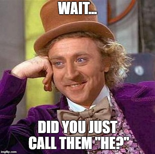 Creepy Condescending Wonka Meme | WAIT... DID YOU JUST CALL THEM "HE?" | image tagged in memes,creepy condescending wonka | made w/ Imgflip meme maker