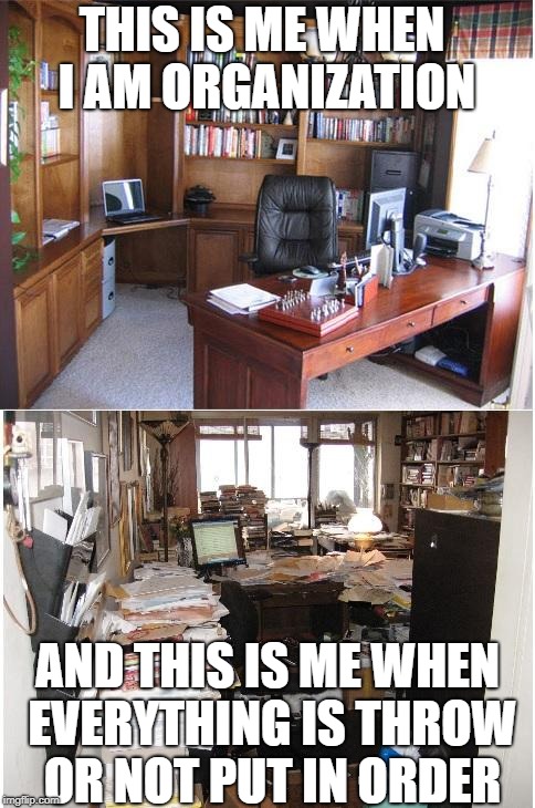 Organization Vs. Disorganization | THIS IS ME WHEN I AM ORGANIZATION; AND THIS IS ME WHEN EVERYTHING IS THROW OR NOT PUT IN ORDER | image tagged in organization vs disorganization | made w/ Imgflip meme maker