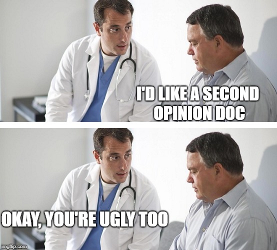 Doctor and Patient | I'D LIKE A SECOND OPINION DOC OKAY, YOU'RE UGLY TOO | image tagged in doctor and patient | made w/ Imgflip meme maker