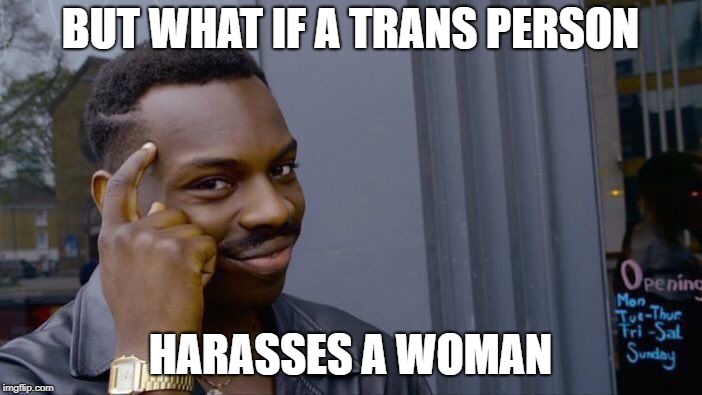 Roll Safe Think About It Meme | BUT WHAT IF A TRANS PERSON HARASSES A WOMAN | image tagged in memes,roll safe think about it | made w/ Imgflip meme maker