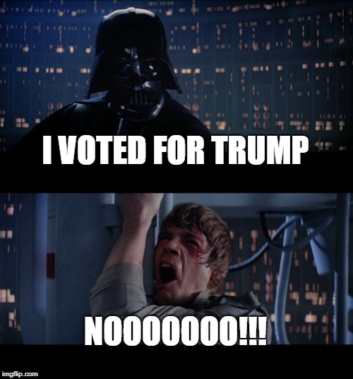 Trump 2020 | I VOTED FOR TRUMP; NOOOOOOO!!! | image tagged in memes,star wars no,trump,darth vader,luke skywalker | made w/ Imgflip meme maker