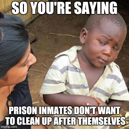 Third World Skeptical Kid Meme | SO YOU'RE SAYING PRISON INMATES DON'T WANT TO CLEAN UP AFTER THEMSELVES | image tagged in memes,third world skeptical kid | made w/ Imgflip meme maker