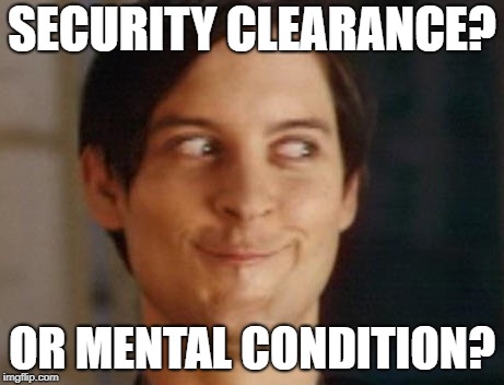 Spiderman Peter Parker Meme | SECURITY CLEARANCE? OR MENTAL CONDITION? | image tagged in memes,spiderman peter parker | made w/ Imgflip meme maker