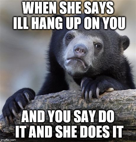Confession Bear Meme | WHEN SHE SAYS ILL HANG UP ON YOU; AND YOU SAY DO IT AND SHE DOES IT | image tagged in memes,confession bear | made w/ Imgflip meme maker