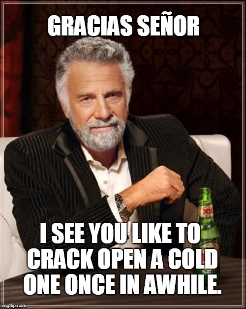 The Most Interesting Man In The World Meme | GRACIAS SEÑOR I SEE YOU LIKE TO CRACK OPEN A COLD ONE ONCE IN AWHILE. | image tagged in memes,the most interesting man in the world | made w/ Imgflip meme maker