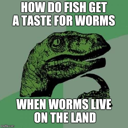 Philosoraptor Meme | HOW DO FISH GET A TASTE FOR WORMS; WHEN WORMS LIVE ON THE LAND | image tagged in memes,philosoraptor | made w/ Imgflip meme maker