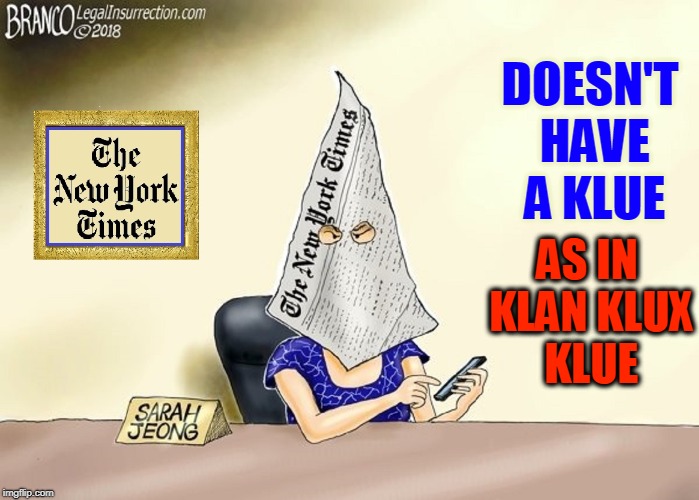 New York Times Embraces Avowed Racist Sarah Jeong | DOESN'T HAVE A KLUE; AS IN KLAN KLUX KLUE | image tagged in vince vance,kkk,klu klux klan,racism,what happened america,pure evil exists | made w/ Imgflip meme maker