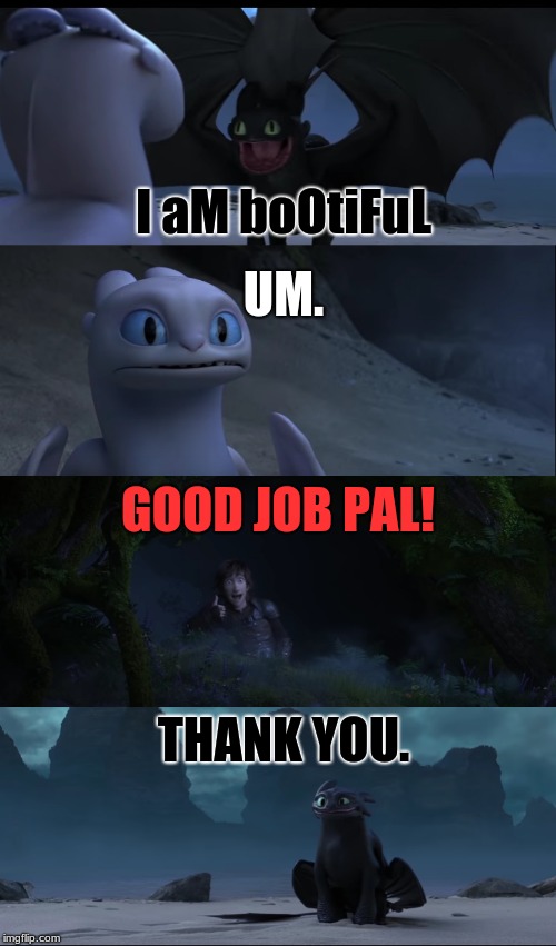 How To Train Your Dragon 3 (the trailer) finally came out! Oh yay, more memes! | UM. I aM boOtiFuL; GOOD JOB PAL! THANK YOU. | image tagged in memes,how to train your dragon,trailers,toothless,funny | made w/ Imgflip meme maker