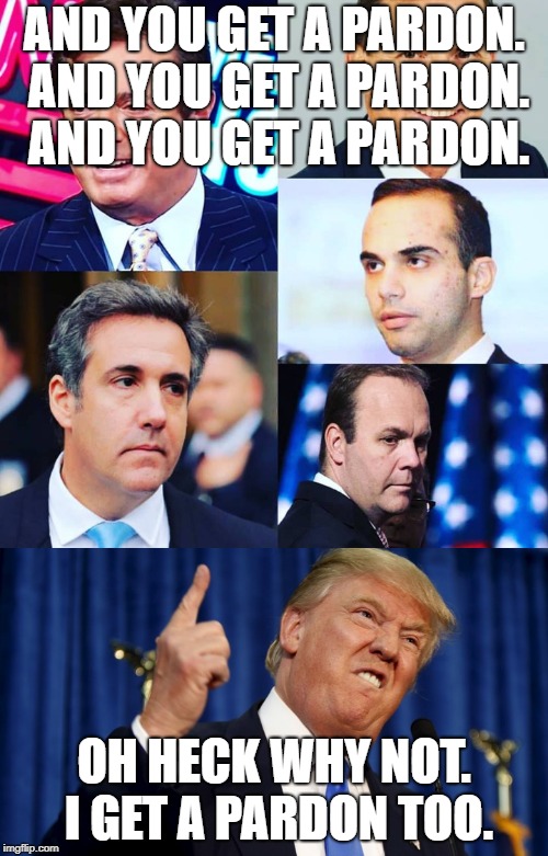 Trump pardons | AND YOU GET A PARDON. AND YOU GET A PARDON. AND YOU GET A PARDON. OH HECK WHY NOT. I GET A PARDON TOO. | image tagged in politics | made w/ Imgflip meme maker