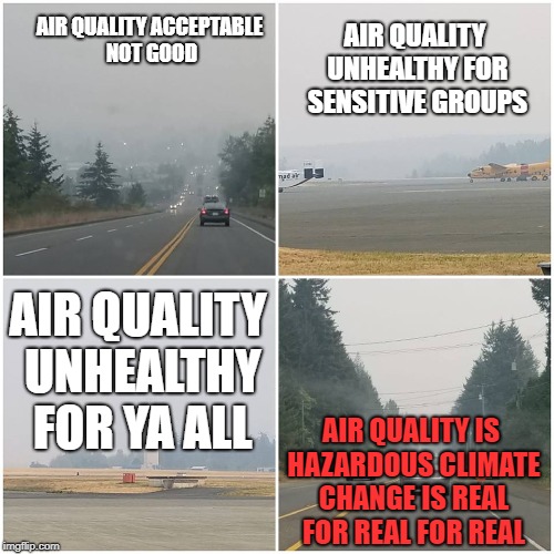Air Quality | AIR QUALITY UNHEALTHY FOR SENSITIVE GROUPS; AIR QUALITY ACCEPTABLE NOT GOOD; AIR QUALITY UNHEALTHY FOR YA ALL; AIR QUALITY IS HAZARDOUS CLIMATE CHANGE IS REAL FOR REAL FOR REAL | image tagged in environment,political meme,wildfires,head in sand,reality | made w/ Imgflip meme maker