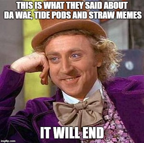 Creepy Condescending Wonka Meme | THIS IS WHAT THEY SAID ABOUT DA WAE, TIDE PODS AND STRAW MEMES IT WILL END | image tagged in memes,creepy condescending wonka | made w/ Imgflip meme maker