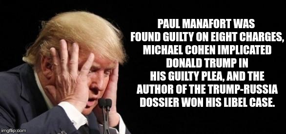 Oh My | PAUL MANAFORT WAS FOUND GUILTY ON EIGHT CHARGES, MICHAEL COHEN IMPLICATED DONALD TRUMP IN HIS GUILTY PLEA, AND THE AUTHOR OF THE TRUMP-RUSSIA DOSSIER WON HIS LIBEL CASE. | image tagged in trump,manafort,cohen,trump-russia,guilty | made w/ Imgflip meme maker