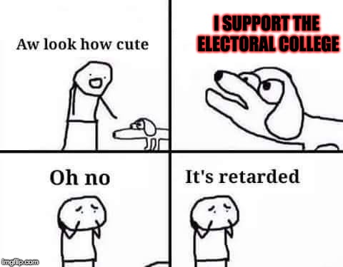 Typical Political Traditionalists in Popular Vote vs. Electoral College | I SUPPORT THE ELECTORAL COLLEGE | image tagged in oh no it's retarded,memes,electoral college,politics,oh no it's retarded (template) | made w/ Imgflip meme maker
