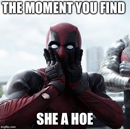 Deadpool Surprised Meme |  THE MOMENT YOU FIND; SHE A HOE | image tagged in memes,deadpool surprised | made w/ Imgflip meme maker