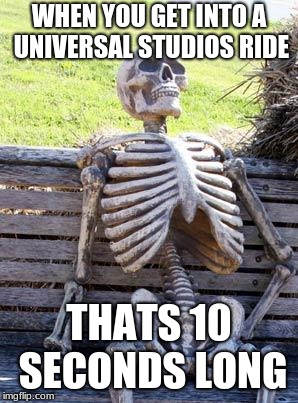 Waiting Skeleton Meme | WHEN YOU GET INTO A UNIVERSAL STUDIOS RIDE; THATS 10 SECONDS LONG | image tagged in memes,waiting skeleton | made w/ Imgflip meme maker