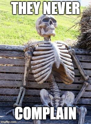 Waiting Skeleton Meme | THEY NEVER COMPLAIN | image tagged in memes,waiting skeleton | made w/ Imgflip meme maker