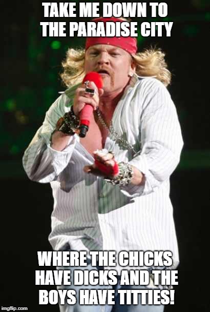 Axl AC/DC | TAKE ME DOWN TO THE PARADISE CITY; WHERE THE CHICKS HAVE DICKS AND THE BOYS HAVE TITTIES! | image tagged in axl ac/dc | made w/ Imgflip meme maker