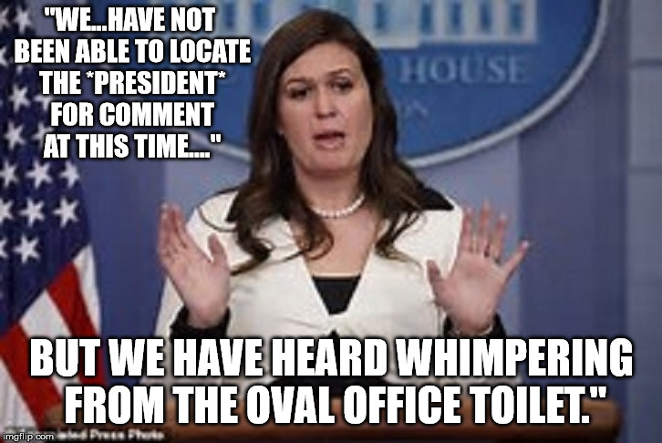 sarah huckabee sanders  | "WE...HAVE NOT BEEN ABLE TO LOCATE THE *PRESIDENT* FOR COMMENT AT THIS TIME...." BUT WE HAVE HEARD WHIMPERING FROM THE OVAL OFFICE TOILET." | image tagged in sarah huckabee sanders | made w/ Imgflip meme maker