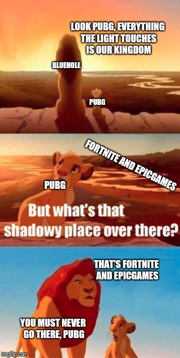 Simba Shadowy Place | LOOK PUBG, EVERYTHING THE LIGHT TOUCHES IS OUR KINGDOM; BLUEHOLE; PUBG; FORTNITE AND EPICGAMES; PUBG; THAT'S FORTNITE AND EPICGAMES; YOU MUST NEVER GO THERE, PUBG | image tagged in memes,simba shadowy place | made w/ Imgflip meme maker
