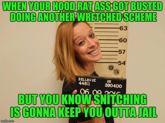 A Dime At A Time  | WHEN YOUR HOOD RAT ASS GOT BUSTED DOING ANOTHER WRETCHED SCHEME; BUT YOU KNOW SNITCHING IS GONNA KEEP YOU OUTTA JAIL | image tagged in hoodrat,snitch,scheme,arrested,failure | made w/ Imgflip meme maker