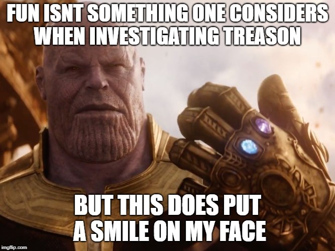 Thanos Smile | FUN ISNT SOMETHING ONE CONSIDERS WHEN INVESTIGATING TREASON; BUT THIS DOES PUT A SMILE ON MY FACE | image tagged in thanos smile | made w/ Imgflip meme maker