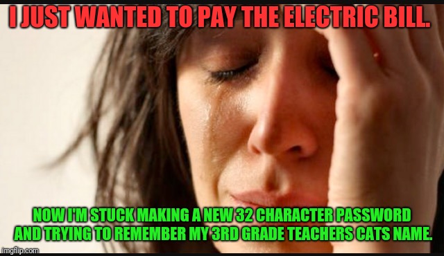 Your password has expired...  | I JUST WANTED TO PAY THE ELECTRIC BILL. NOW I'M STUCK MAKING A NEW 32 CHARACTER PASSWORD AND TRYING TO REMEMBER MY 3RD GRADE TEACHERS CATS NAME. | image tagged in 1st world reverse,passwords,rediculous,skunkdynamite | made w/ Imgflip meme maker