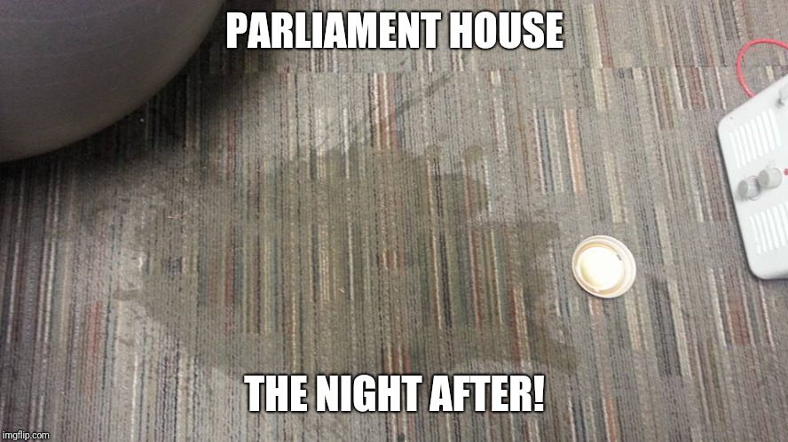 Coffee Spill | PARLIAMENT HOUSE; THE NIGHT AFTER! | image tagged in coffee spill | made w/ Imgflip meme maker