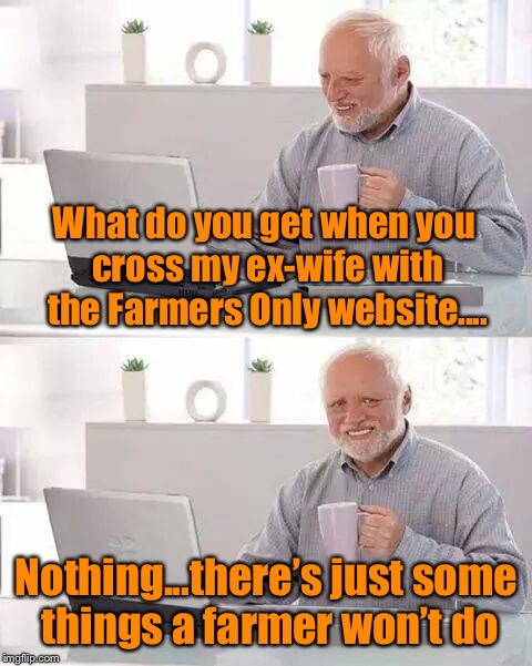 Hide the pain Harold “I should have been a farmer” | What do you get when you cross my ex-wife with the Farmers Only website.... Nothing...there’s just some things a farmer won’t do | image tagged in memes,hide the pain harold,ex wife,ex jokes,funny,farmers | made w/ Imgflip meme maker