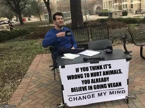 If you think it's wrong to hurt animals | IF YOU THINK IT'S WRONG TO HURT ANIMALS, YOU ALREADY BELIEVE IN GOING VEGAN | image tagged in change my mind,vegan,animals,compassion | made w/ Imgflip meme maker