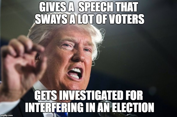 donald trump | GIVES A  SPEECH THAT SWAYS A LOT OF VOTERS; GETS INVESTIGATED FOR INTERFERING IN AN ELECTION | image tagged in donald trump | made w/ Imgflip meme maker