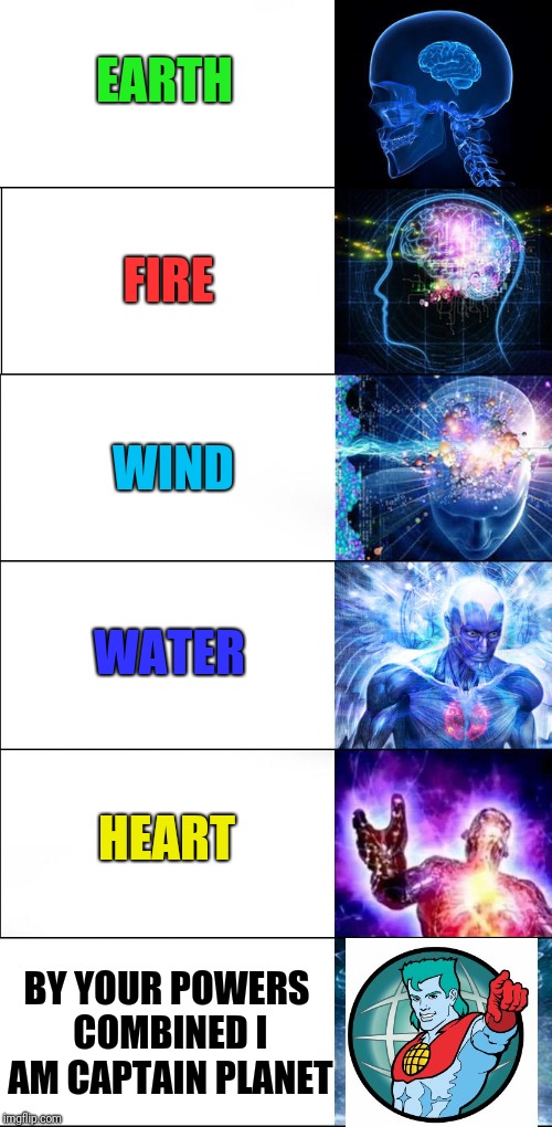 Go Planet! | EARTH; FIRE; WIND; WATER; HEART; BY YOUR POWERS COMBINED I AM CAPTAIN PLANET | image tagged in expanding brain,captain planet,90's kids | made w/ Imgflip meme maker