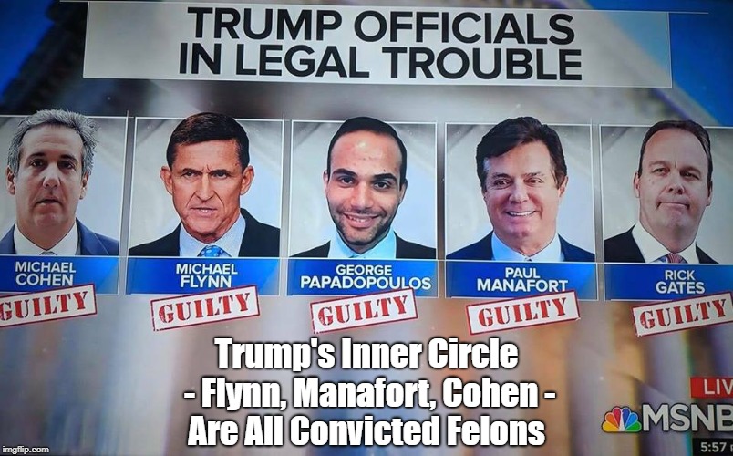 "Trump's Inner Circle - Flynn, Manafort, Cohen - Are All Convicted Felons" | Trump's Inner Circle - Flynn, Manafort, Cohen -; Are All Convicted Felons | image tagged in flynn,manafort,michael cohen,trump,deplorable donald,devious donald | made w/ Imgflip meme maker
